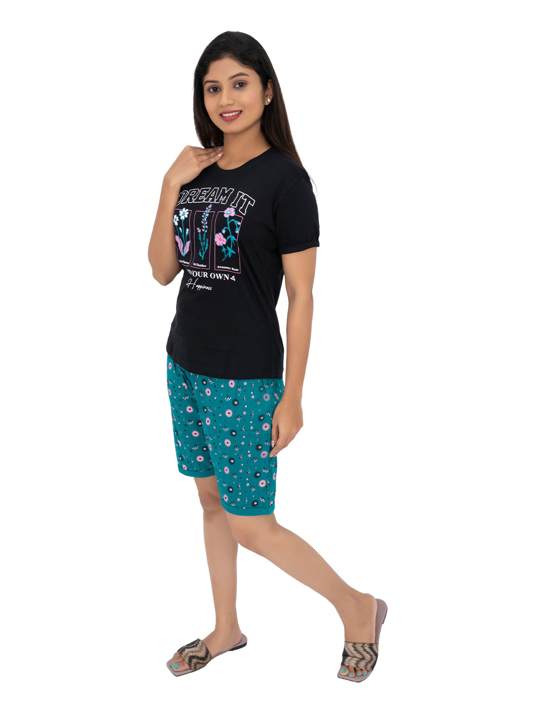 knee length dresses for ladies Buy Women Green & White Pure Cotton Leaf Printed Night Suit Shorts Set  Online @ Best Price main image 1
